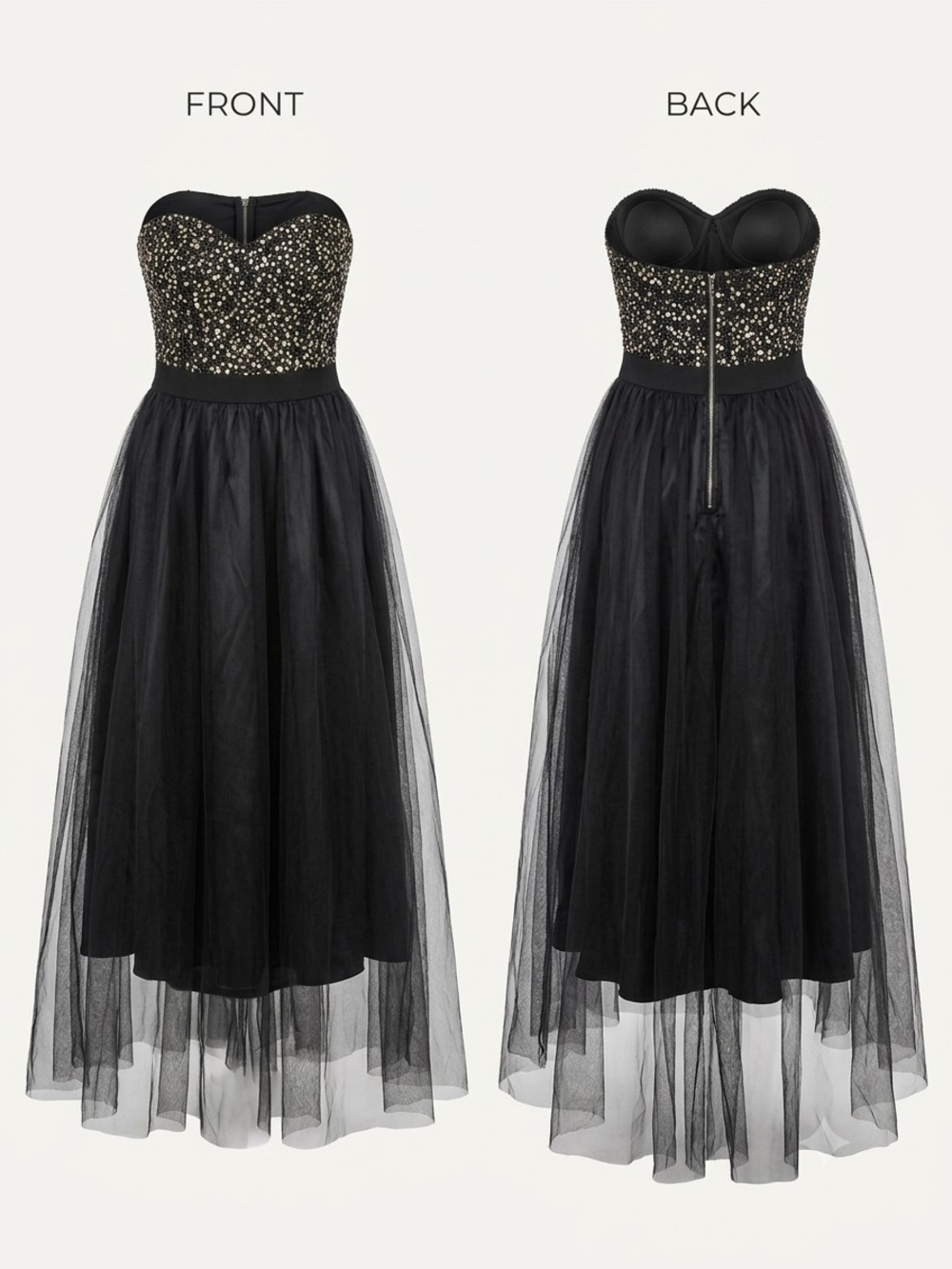 Strapless Black Tulle Evening Dress with Sequin Bodice